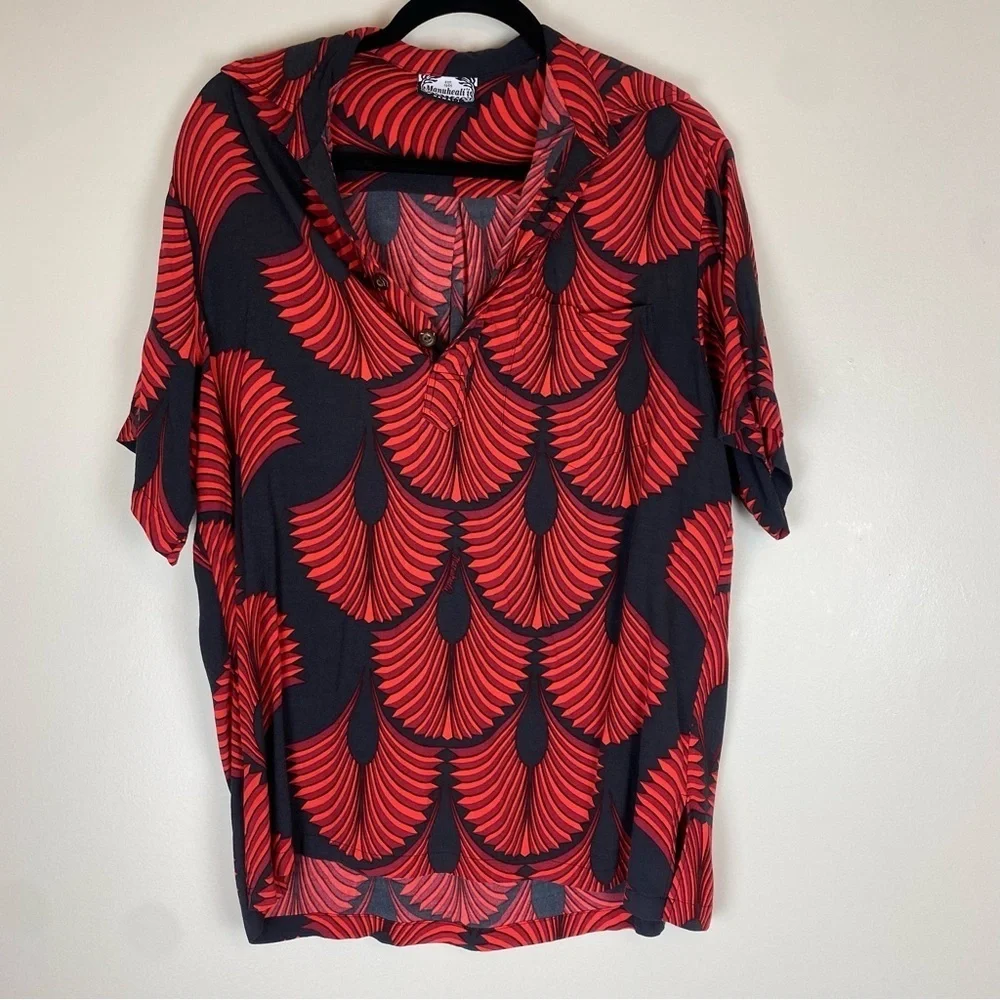 MANUHEALI’I Hawaii Men’s Aloha Shirt Red Black